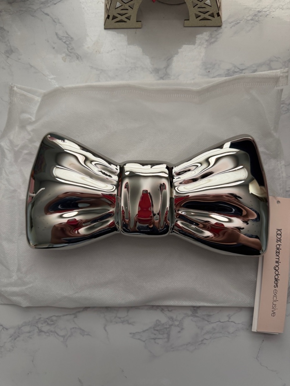 Bloomingdales Aqua Silver Bow Clutch - Metallic Bow Evening clutch/bag